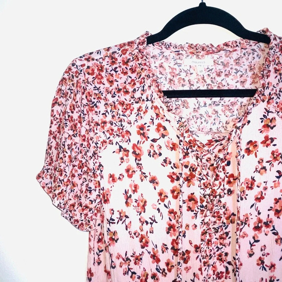 Maurices Tunic Babydoll Top Pink Ditsy Floral Print Lace-up Front Medium Women’s - Picture 4 of 12
